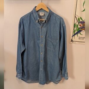 Vintage Denim Medium Wash Long Sleeve Button Down Shirt 100% Cotton Size L